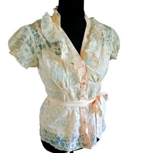 Y2K Amy Wear Pink Sheer Ruffle Button Down Top Sz M